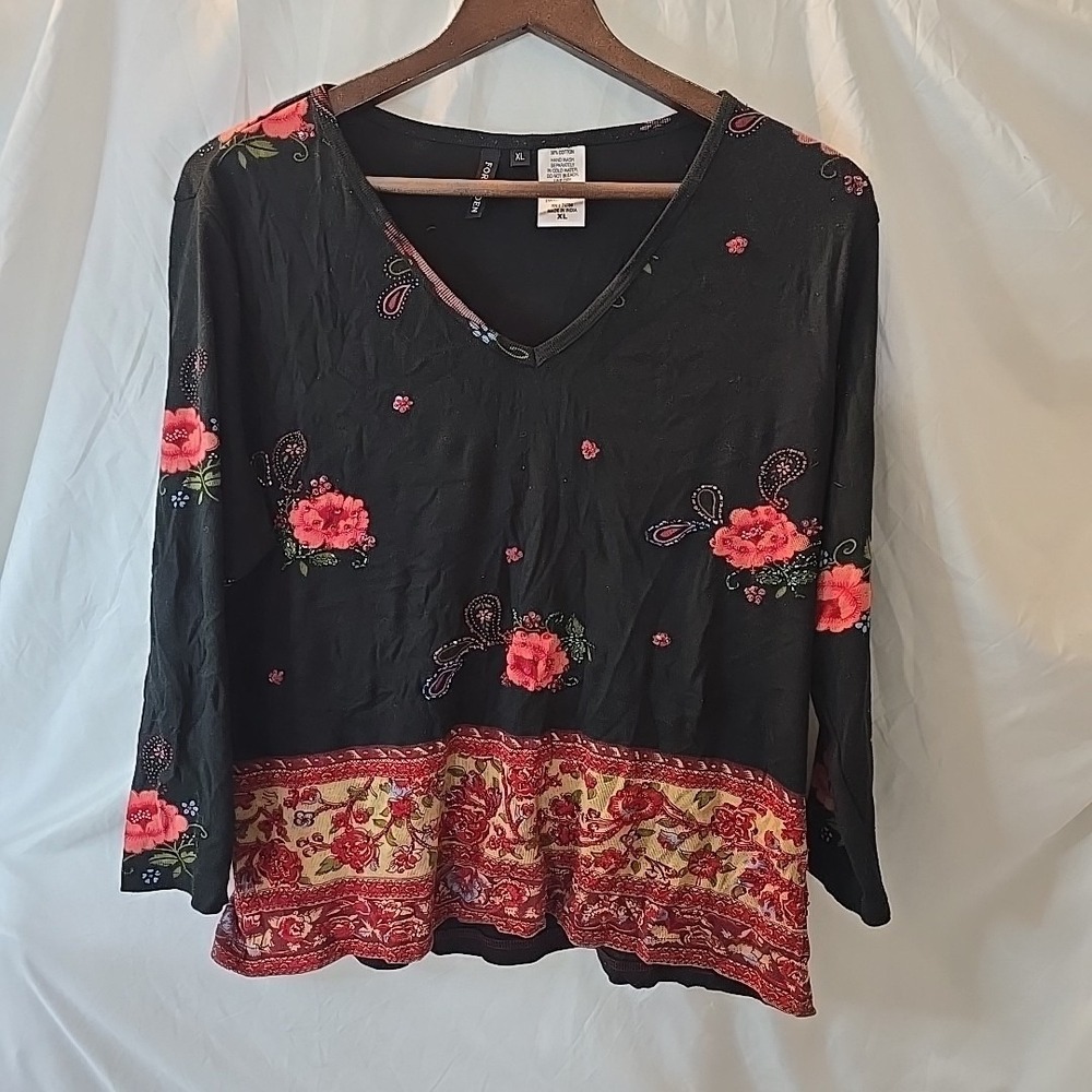 Forbidden Long Sleeve V-neck Shirt Beaded Sequin Women's Size XL Black Y2K‎ Boho